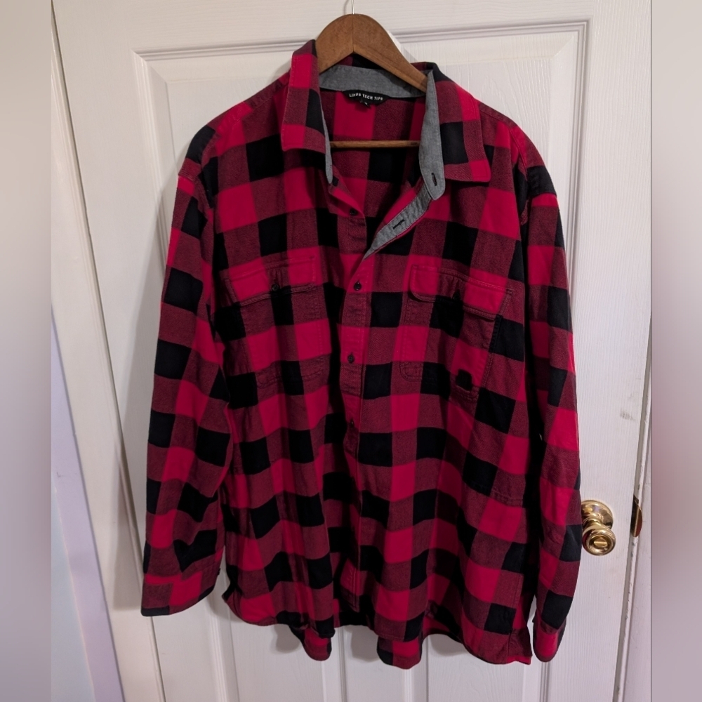 Linus Tech Tops Mens Shirt Red Black Check Long Sleeve Cotton Button Size 3XL